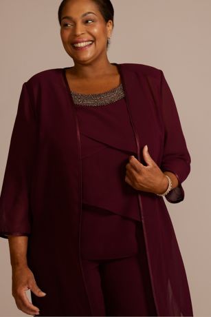 Layered Chiffon Scoop Neck Beaded Pantsuit Burgundy
